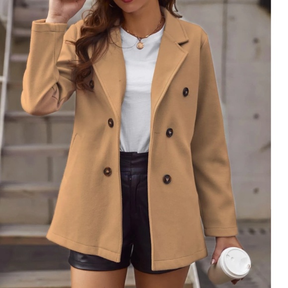 Classic Beige Solid Double Breasted Minimalist Pea Coat Jacket - Picture 9 of 13